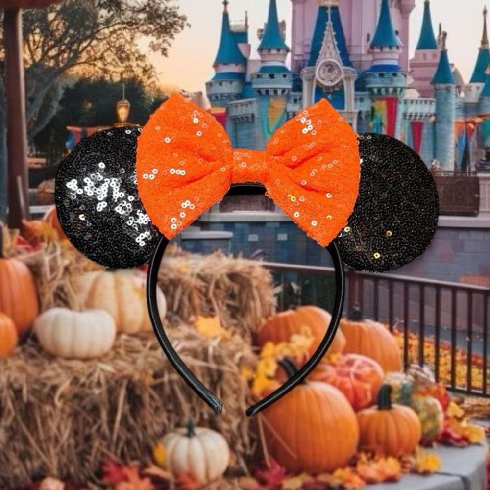 Sequin Mouse Ears Headband with Orange Bow
